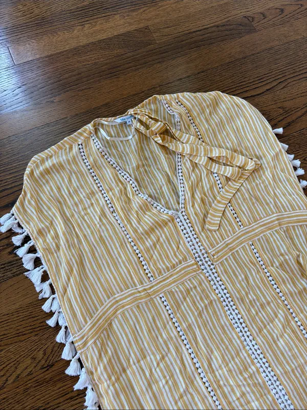 Blue Island Yellow Striped Tassel beach coverup, M - Image 2