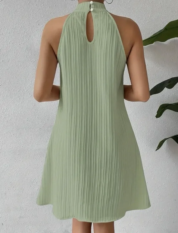 Sage Green Pleated Halter Dress M Flowy A-Line Mini Lightweight Summer - Image 3