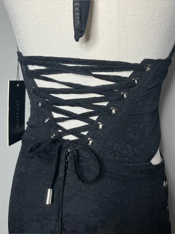 NEW Outcast Lace Up Halter Jenna Jumpsuit in Black Floral Lace - Image 6