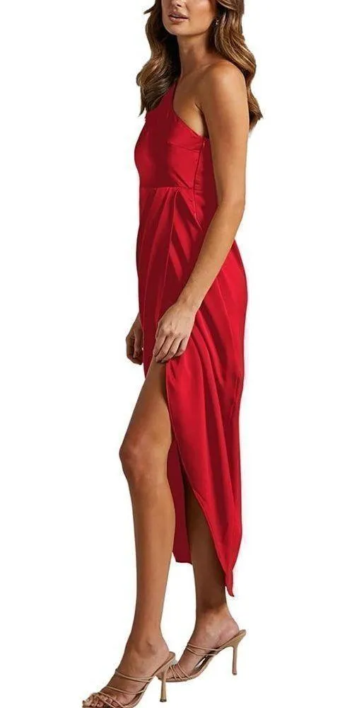 NEW Satin 1 Shoulder Ruched Slit Split Wrap Midi Dress M - Image 4