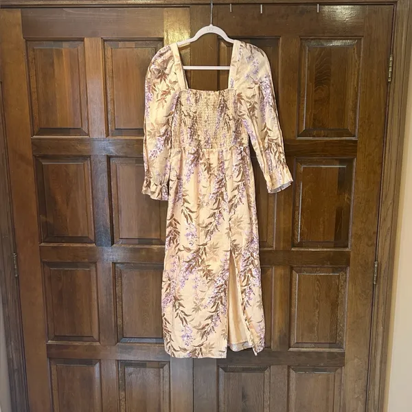 House of Harlow 1960 Linen Blend Smocked Midi Dress XS Peach Floral Palm Bishop‎ - Image 4