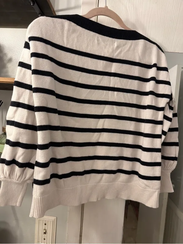 LOFT Black and Cream Striped Off-the-Shoulder Sweater - Image 4