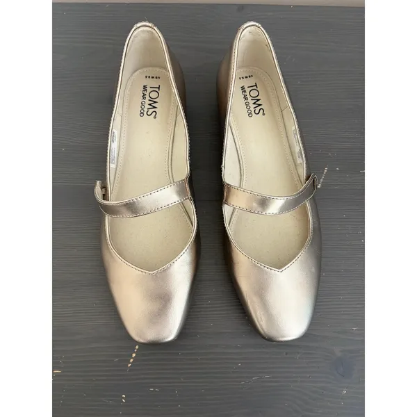 TOMS Mary Jane Bianca 8.5 Gold Metallic Leather Square Toe Ballet Flat Shoes - Image 4