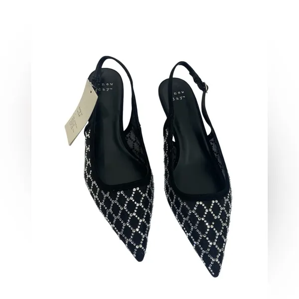 A New Day 6.5 Rhinestone Sexy Slingback Black Mesh Pointed Toe Heels Wedding - Image 3