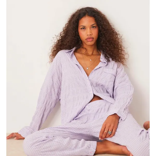 Free People Textured Pajama Shirt Mini Dress Loungewear in Lilac Medium - Image 5