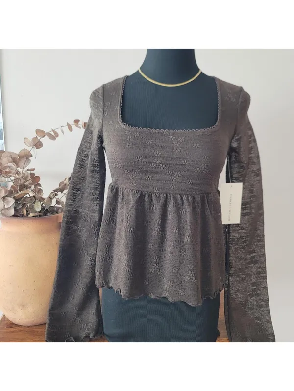 Chocolate Brown Sheer Peplum Floral Top Sz M New Festival - Image 4