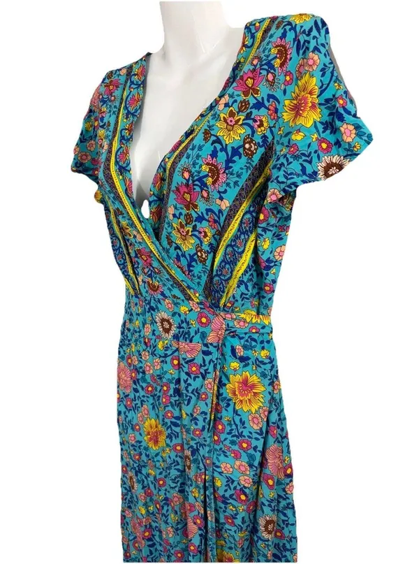 Pretty Garden Wrap Short Sleeve Maxi Dress Colorful Beautiful Boho Prairie sz M - Image 2