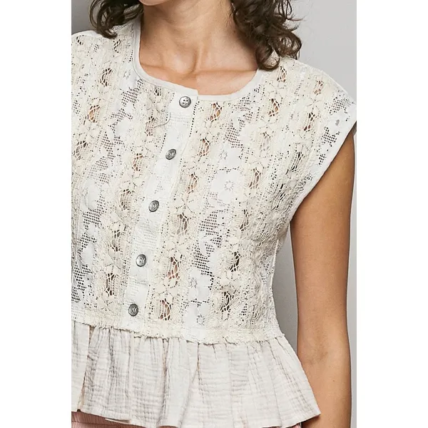 POL Round Neck‎ Lace Sleeveless Top with Double Gauze Ruffle - Small - Image 6
