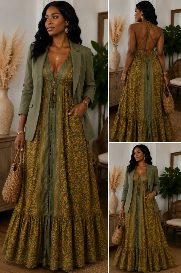Indian Silk Halter Maxi Dress Yellow - Image 2