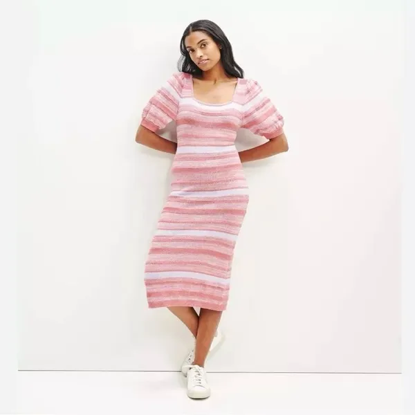 Amour Vert‎ Vivienne Striped Knit Sweater Dress Tan White Large Puff Sleeve Midi - Image 2