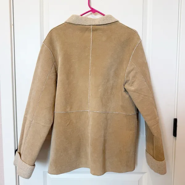 Womens Genuine Leather Suede Shearling Jacket Large Tan Y2K Western Rancher Cozy - Image 4