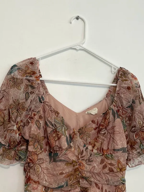 MERAKI Mauve Pink Floral Mesh Ruched Short Sleeve Puff Sleeve Crop Top Blouse L - Image 2
