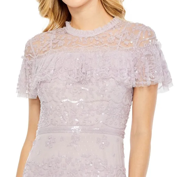 NWT Mac Duggal 9195 Illusion Mesh Overlay Ruffled Long Dress Lilac Size 14 - Image 4