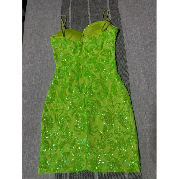 Winsor Neon Lime Green Sequin Damask Mini Dress Small Bodycon Cocktail hoco - Image 4