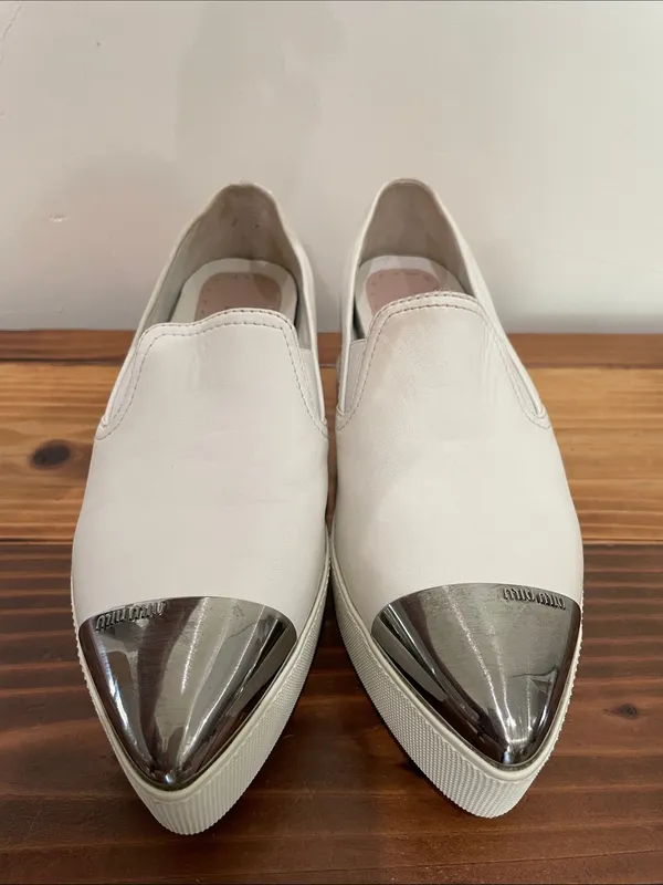 Miu Miu White Metallic Cap-Toe Leather Platform Sneakers Size 37.5 - Image 13