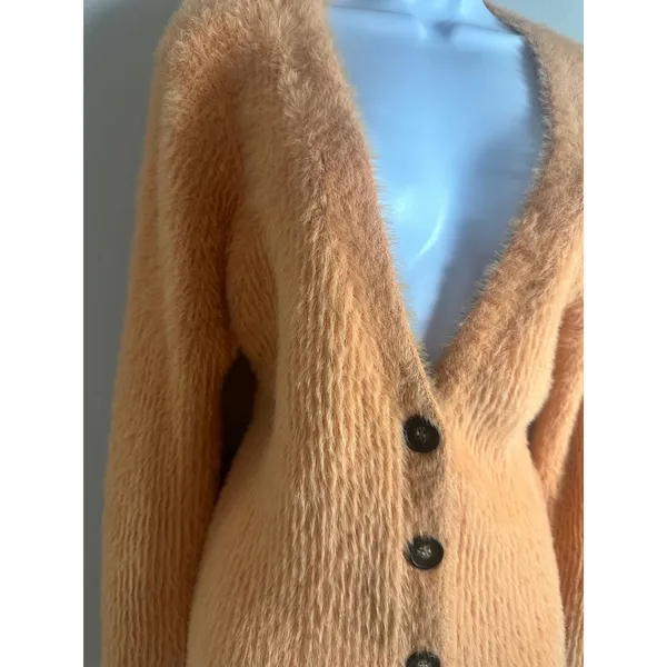 Lush Apricot Orange Eyelash Knit Fuzzy V-Neck Button Cardigan Size L - Image 2