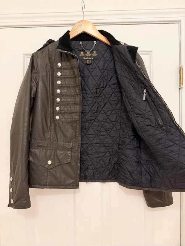 Barbour Brigade Military Wax Coated Jacket Dark Green Corduroy Collar sz 8 - Image 3