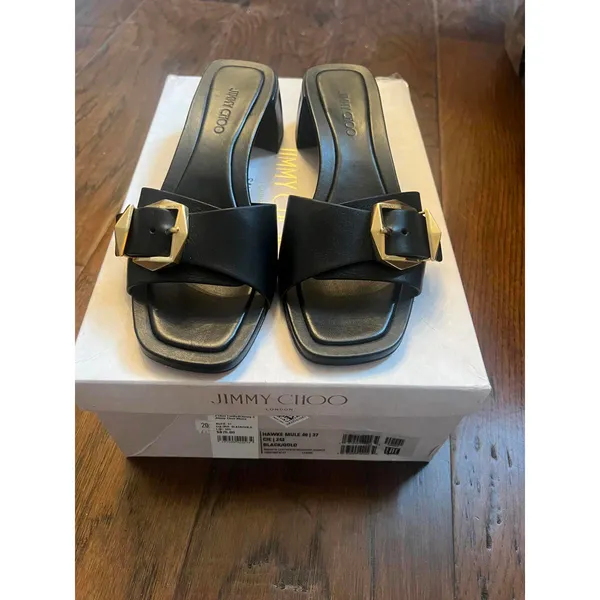 Jimmy Choo Hawke 40 Buckle Leather Mules - Stylish Black Heels - 37 - Image 4