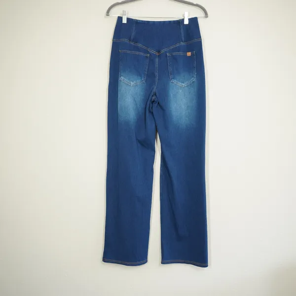 Halara Flex Denim High Waisted Crossover Wide Leg Jeans Leggings Blue Medium - Image 4
