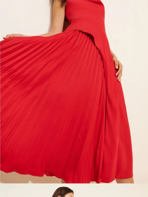 Lulu's Red Cowl-Neck Maxi satin feel Dress with Pleated Skirt - Image 3