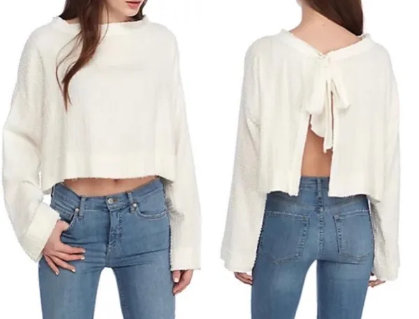 Free People Walking in Hueco Textured Ivory Split Back Boho Top Size XS - Image 2