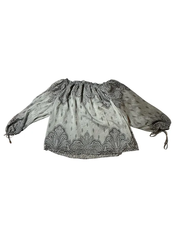 LOFT M Paisley Off Shoulder Boho Blouse Grey Gray Border Print Tie Cuff Peasant - Image 4