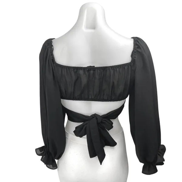 Hello Molly Women's Black 3/4 Puff Sleeve Wrap Tie Back Crop Blouse Top Size XS - Image 2