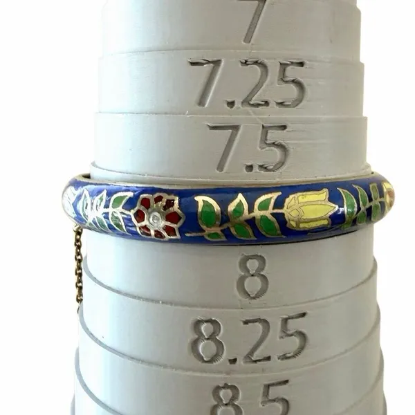 Vintage Thailand Cloisonné Floral Bangle Bracelet Blue Enamel Hinged - Image 11