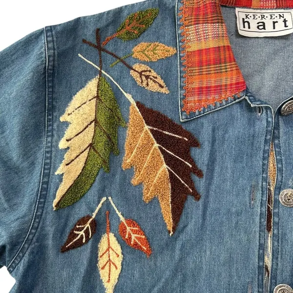 Vintage 90s Keren Hart Fall Autumn Leaf Embroidered Denim Button Down Orange M - Image 5