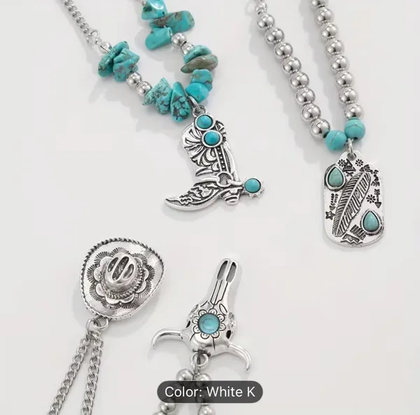 Women’s Bohemian Faux Turquoise & Silver Layered Pendant 4 Pc Necklace Set - Image 7