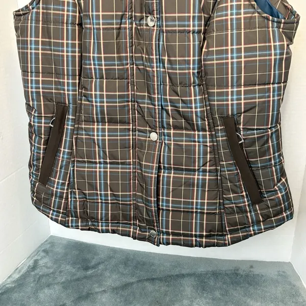 Ariat Brown Teal Plaid Faux Fur Trim Removable Hood Puffer Equestrian Vest M - Image 3