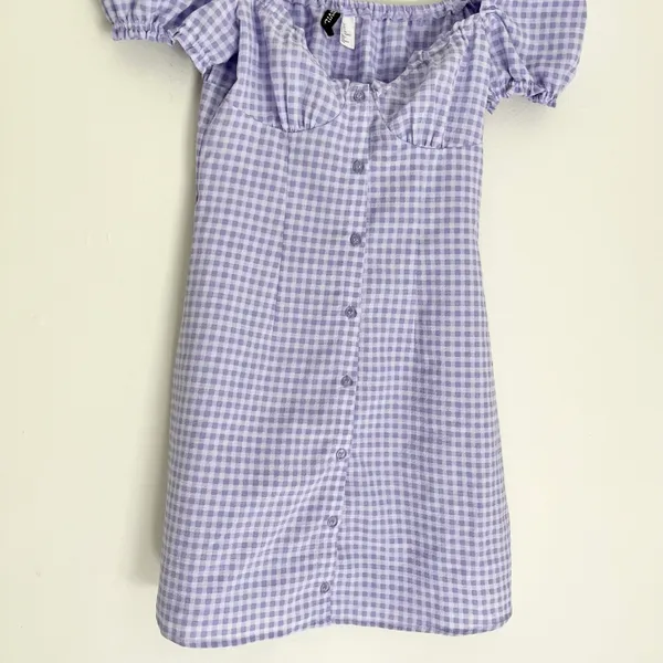 H&M Divided Gingham A Line Square Neck Ruffle Mini Dress Purple Size XS - Image 7