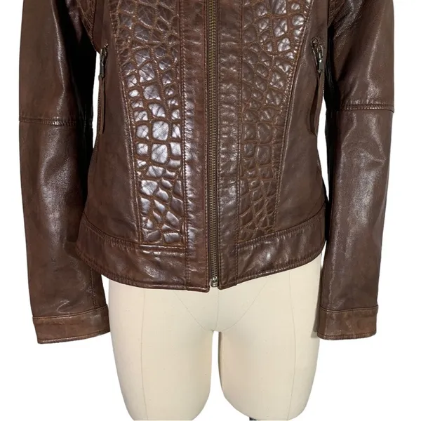 Burns 1876 Leather Embossed Zip Up Jacket Brown Size Small - Image 7