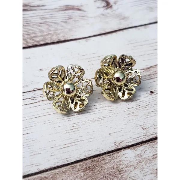 Vintage Clip On Earrings - Slightly Over 5/8" Gold Tone Flower - Image 2