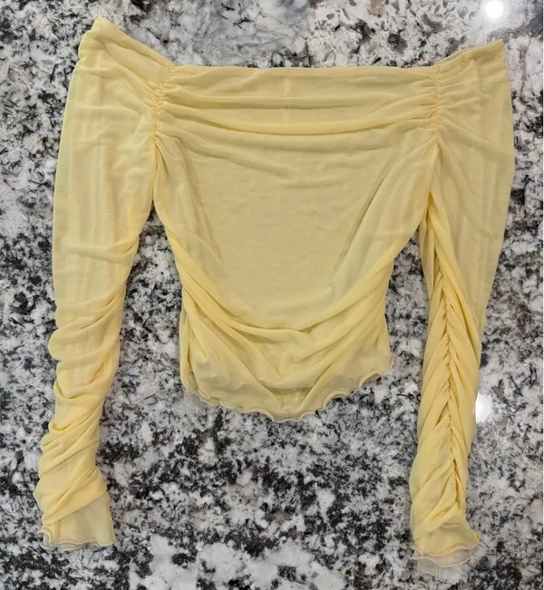 Free People Pale Yellow Off-Shoulder Mesh Top M - Image 3