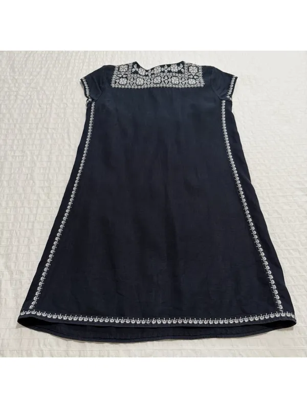 Calypso St. Barth 100% Linen Navy Blue White Embroidered Shift Dress Mini Small - Image 8
