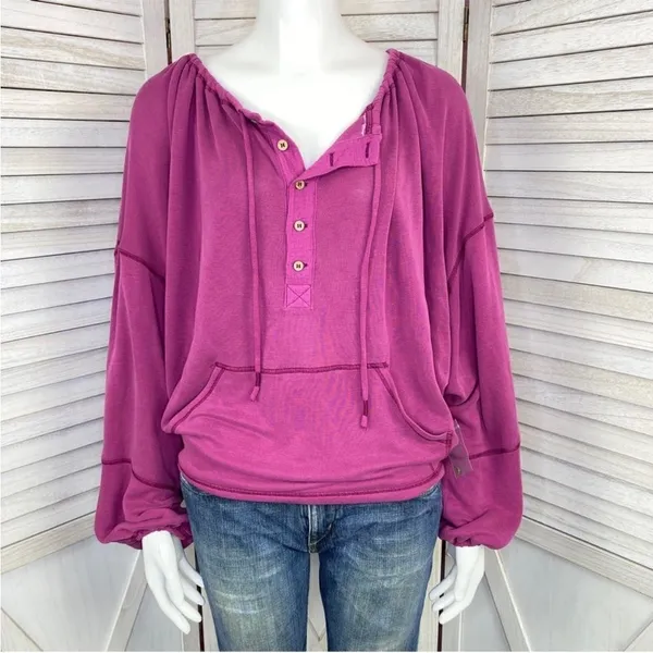 Free People Movement Surfs Up Oversized‎ Shirt Pocket Pullover Slouchy Knit Pink - Image 2