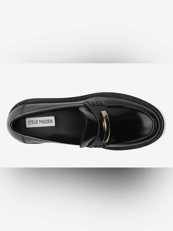 Steve Madden Black Leather Lug Sole Penny Loafers with Gold Hardware Size 10 - Image 2