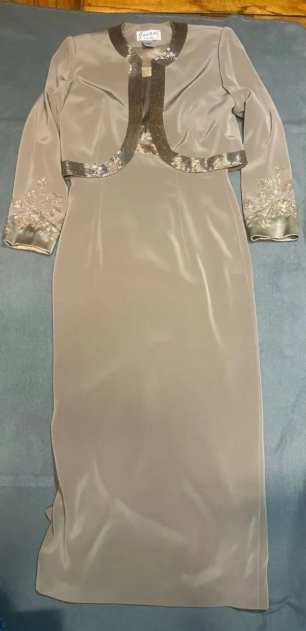 Jovani New York Beaded 2-Piece Evening Gown and Bolero Jacket Set, Taupe - Image 3
