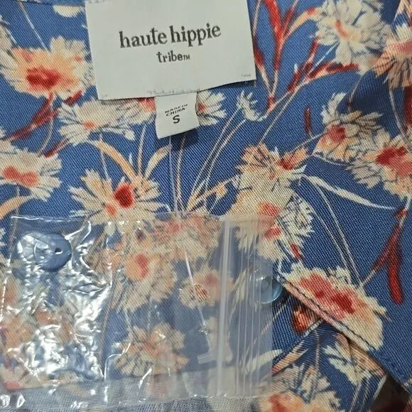 Haute Hippie‎ NWOT Long Sleeve Blue Floral Buttoned Midi Dress Size Small - Image 5