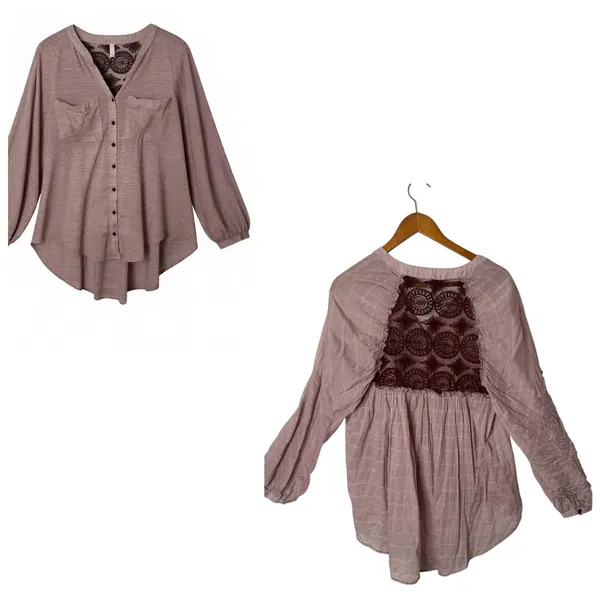 Free People Crochet Lace Back Top Pintuck Pleat Tunic Womens S Burgundy BOHO - Image 2
