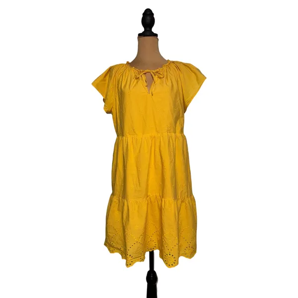 LOFT Yellow Eyelet‎ Tiered Mini Dress Womens Medium Tie Neck Flutter Sleeve - Image 3