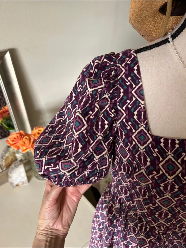 Anthropologie Boho cottage purple corduroy cotton puff sleeve square neck babydoll dress L - Image 3