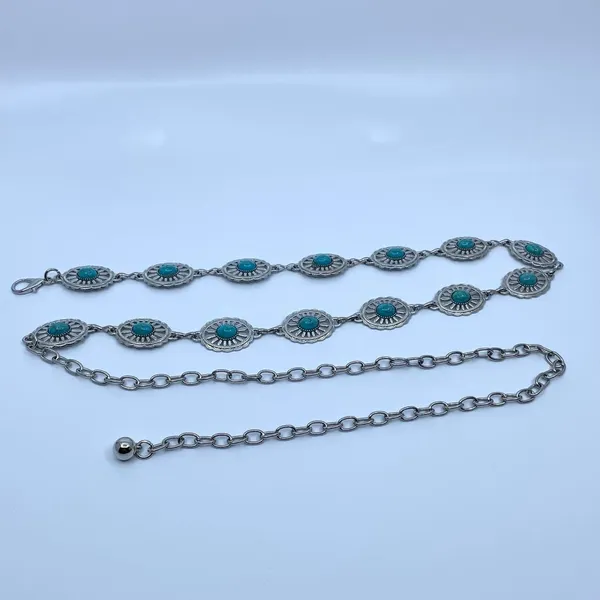 Silver Turquoise Oval Western Boho Chain Belt, Fits 24-43 Inches, X7GA1264 - Image 7