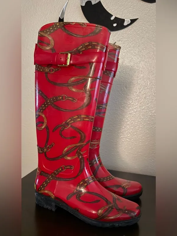 Lauren Ralph Lauren Rossalyn II Red Chain Print Rain Boots | Equestrian Style - Image 3