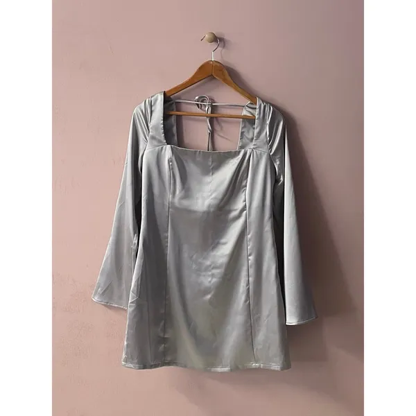 Wild Fable Silver Satin Bell Sleeve A-Line Mini Dress Size M - Image 10