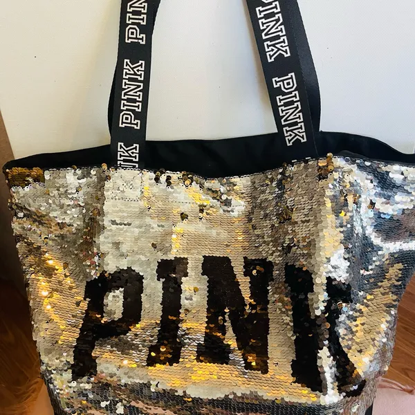 Victoria secret pink flip sequin gold/silver bling tote bag - Image 3