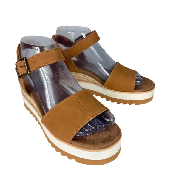 TOMS NWOT Diana Tan Leather Platform Espadrille Wedge Sandals Women 6.5 10019757 - Image 3