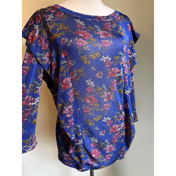 Free People Blue Floral Ruffle boho whimsi‎ dainty cottage top shirt blue Medium - Image 2