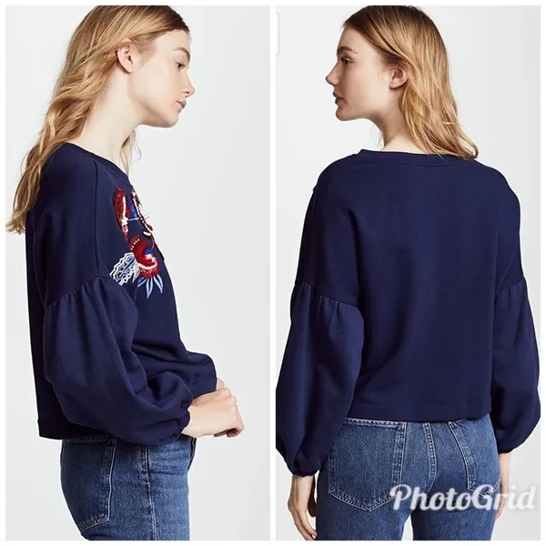 PARKER Beaded Sequin Sweatshirt Floral Embroidered Long Sleeve Blue‎ Red XS New - Image 12